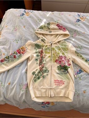 Ed Hardy Cream Hoodie with Pink Lotus & Green Floral Accents